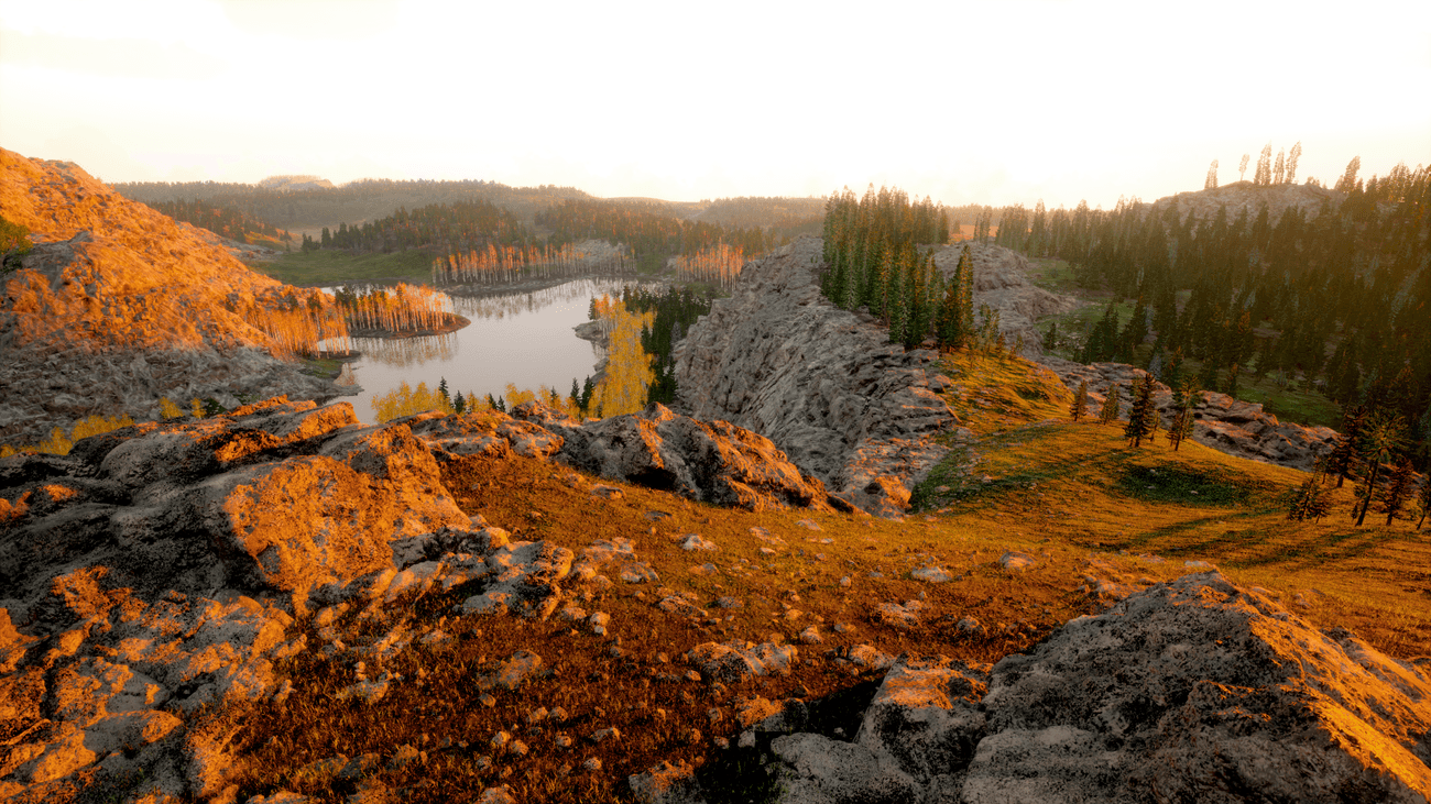 Rolling hills surrounding a lake