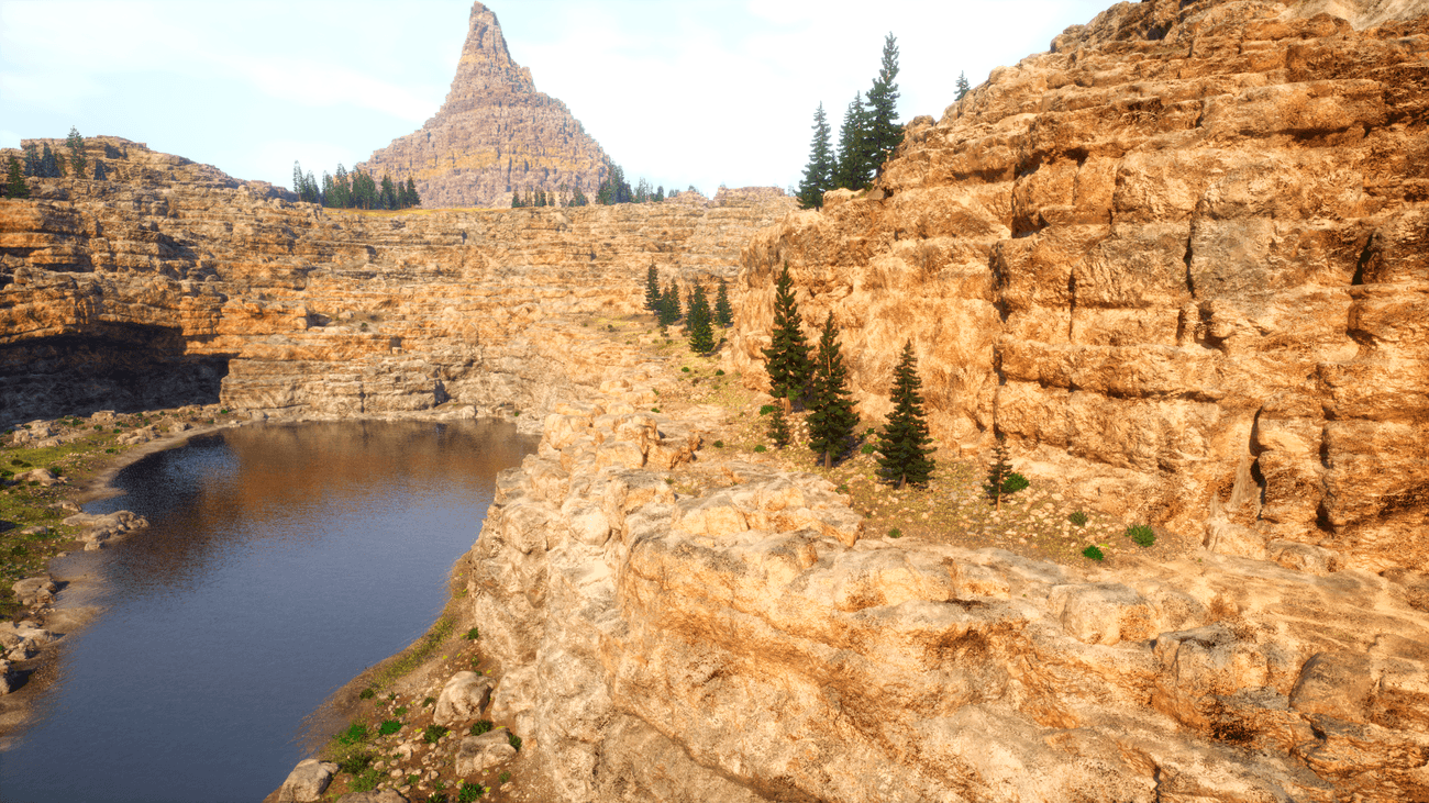 Lake surrounded by rock hills